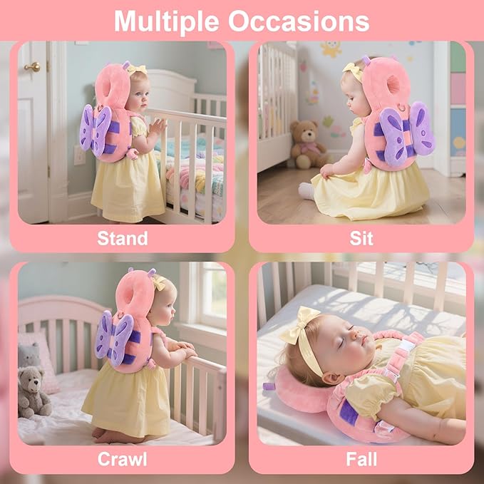 Baby Head Protection Backpack with Leash, Cute Toddler Protector Padded Pillow Carrier with Anti Lost Wrist Link for Crawling Walking, Butterfly Kid Harness Infant Cushion Pad for 6-18 Months Girls