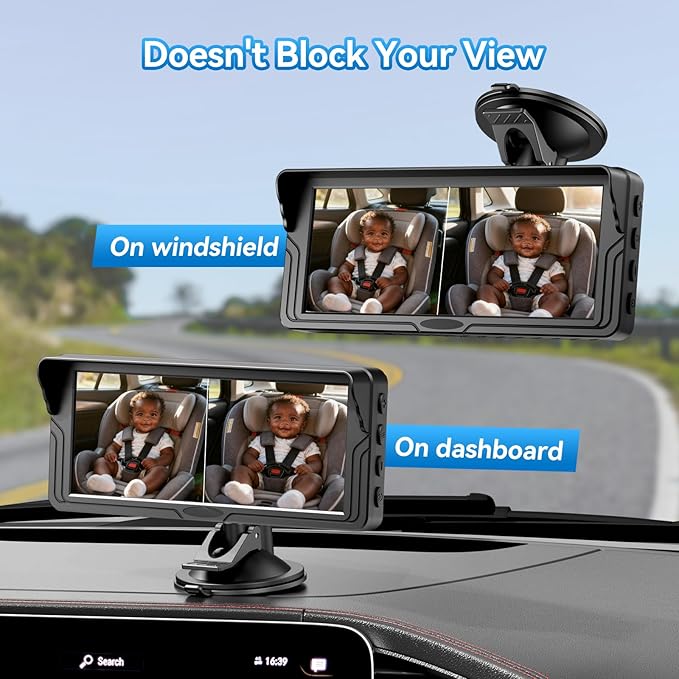 Dual Baby Car Camera for 2 Kids - 6.86 Inch IPS AHD 1080P Split Screen Monitor with 2 Backseat Cameras, Cigarette Lighter & USB Powered, IR Night Vision, 360° Rotatable, Rear-Facing Mirror