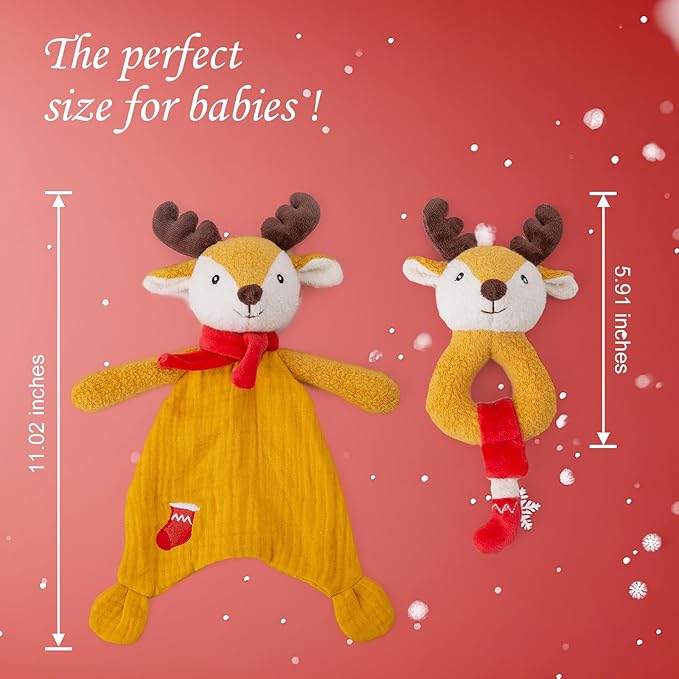 Organic Cotton Stuffed Animal Rattle Baby Toys, Plush Deer Cuddle Cloth and Hand Grip Ring Rattles Plush Toy Set for Newborns Infant Boys Girls, 2 PCS
