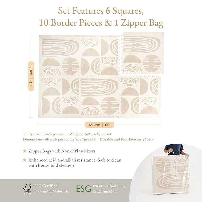 PopsyKosy Super 1 Inch Thick Premium Quality Exercise & Baby Foam Play Mats - Expandable & Large Non-Toxic Odorless Floor Mat - 6 Tiles Spacious 6x4ft - Peel-Resistant - Desert Sand