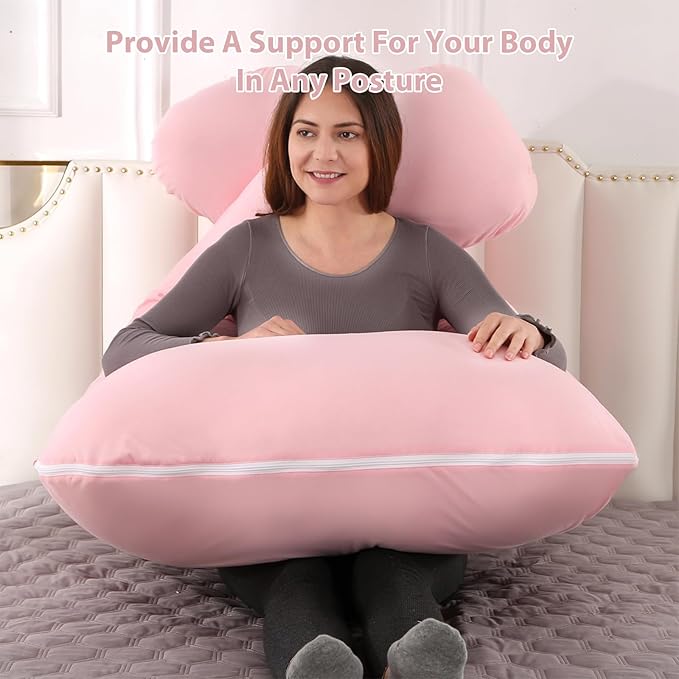 Amagoing Pregnancy Pillow, 57 Inch U Shaped Maternity Full Body Pillow for Sleeping, Support for Women with Hip, Leg, Back Pain, Washable Jersey Cover, Gift for Pregnant Women (Pink)