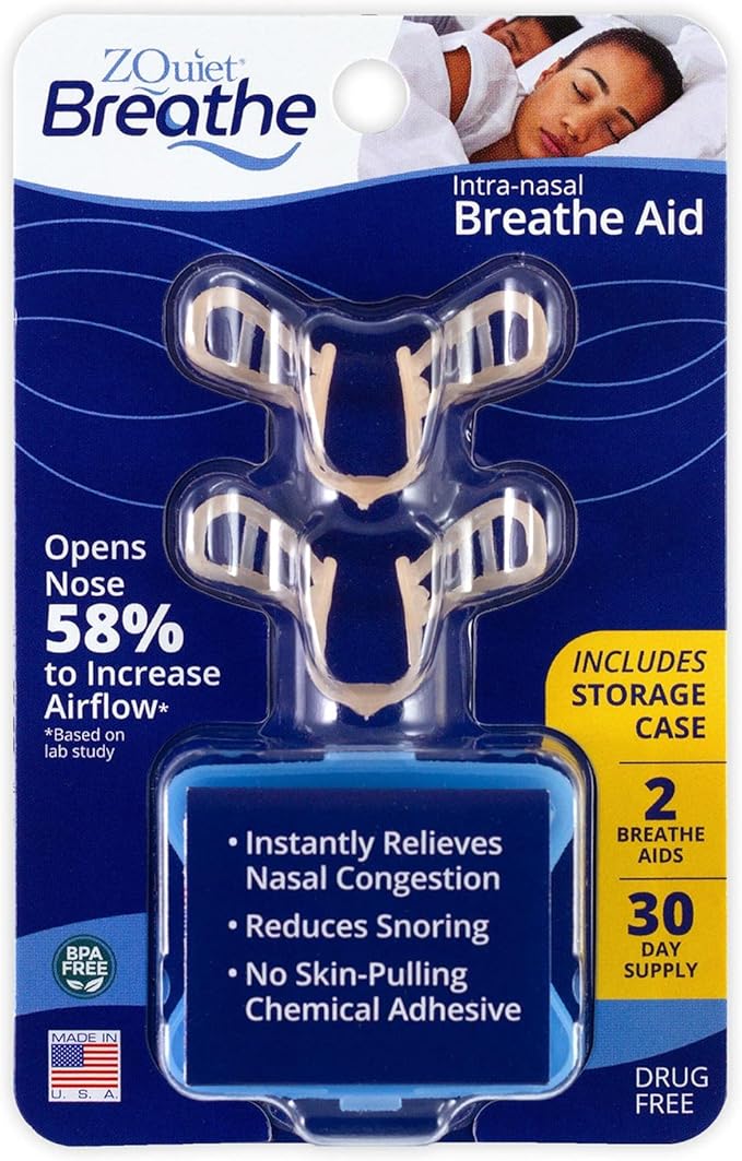 ZQuiet, Breathe, Anti-Snoring Nasal Dilator with Storage Case, Natural Snoring Solution, 2 Count, 30-Day Supply, Made in USA
