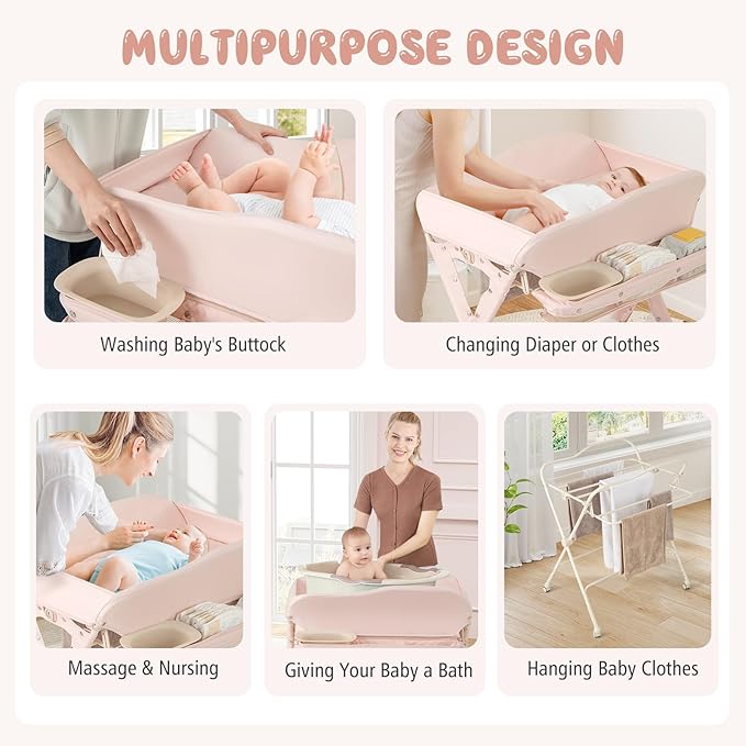 BABY JOY Portable Baby Changing Table, Foldable Diaper Changing Station w/Wheels, Adjustable Height, Large Storage Rack, Water Basin, Safety Belt, Mobile Nursery Organizer for Newborn Infant (Pink)