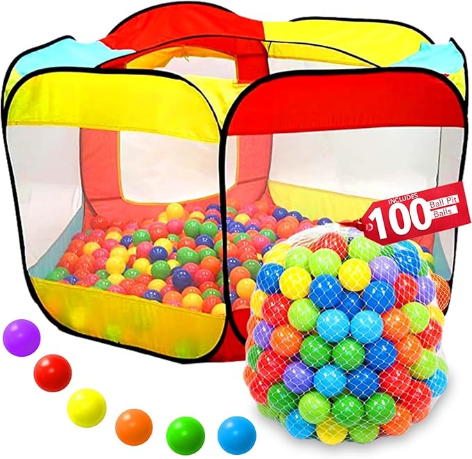 Kids Play Tent with 100 Balls – Extra Large 56″x50″ Pop-Up Ball Pit – Indoor/Outdoor Playhouse with Mesh Windows & Carry Bag