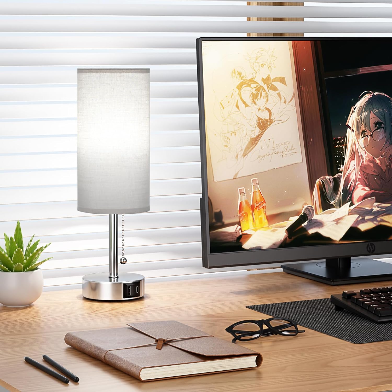 Grey Table Bedside Lamp for Bedroom Nightstand - Small Silver Lamp with USB A + C Charging Port, 3 Color Temperatures Pull Chain Night Stand Light with Bulb, Side Table Desk Lamp for Living Room