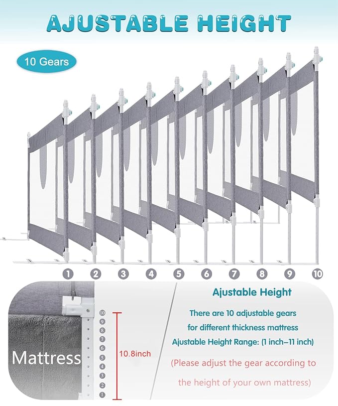 MBQMBSS 58'' L x 26.7" H Bed Rail for Toddlers, Baby Bed Rails Guard for Toddlers, Height Adjustable Rail Fit for Side of King Size Queen Full Bed, Bed Rails for Kids with Child Lock & Y-Shaped Strap