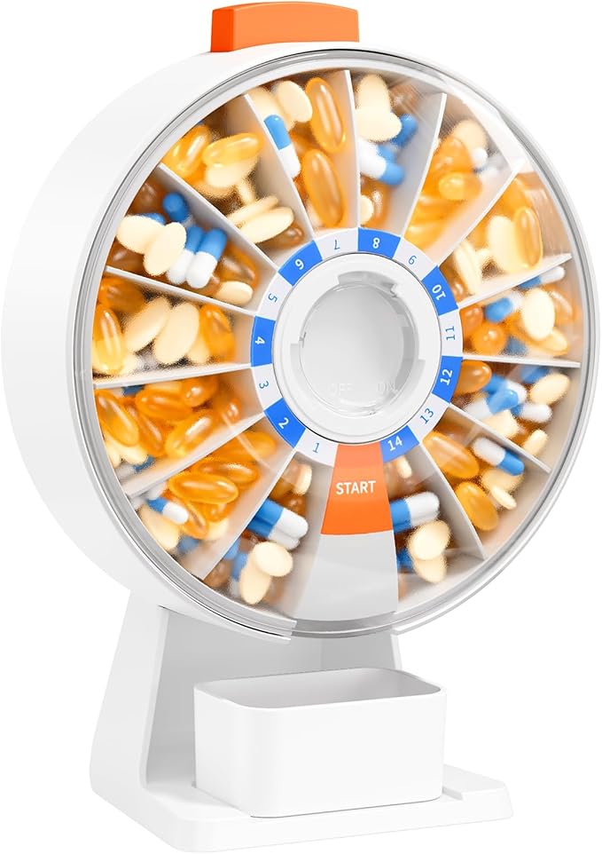 Daviky Pill Dispenser Daily, Large Pill Organizer with Wall-Mounted or Standing Use, 14 Days Pill Box, Push Button Design, Weekly Pill Organizer for Vitamin, Medicine.Supplement, Fish Oil