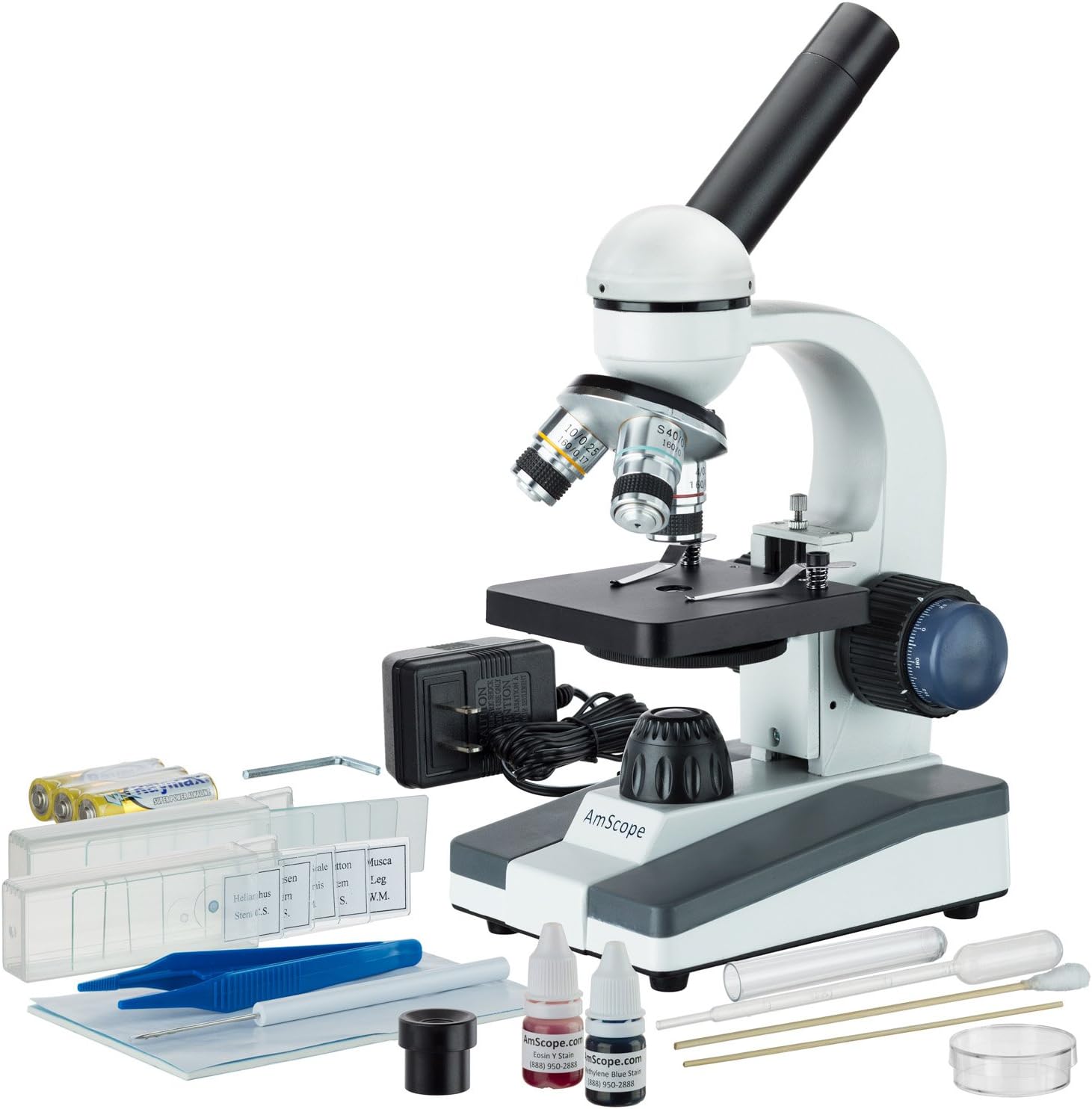 AmScope M150C-SP14 40X-1000X Portable Student Microscope with Slide Preparation Kit