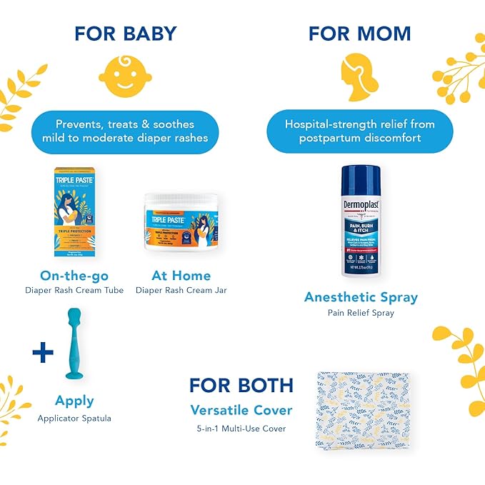Triple Paste Mom & Baby Early Essentials Gift Set with 5 Items, Diaper Rash Ointment 8oz Jar & 2oz Tube, Spatula Applicator, Dermoplast Spray, and Multi-Use Cover, Shower Gifts for Moms