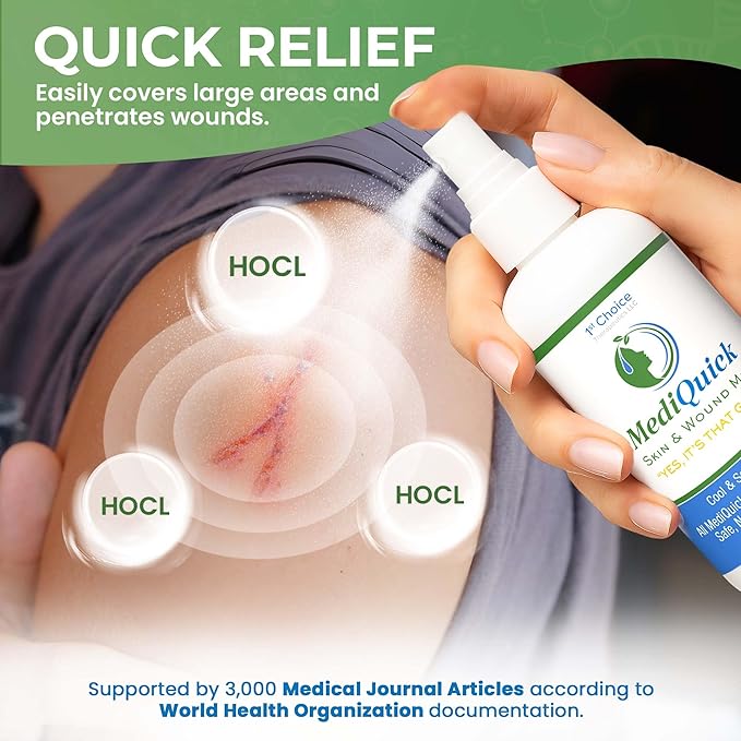 MediQuick Antiseptic Spray Mist 4 Fl Oz | Skin & Wound Repair First Aid Spray for Burns & Cuts with 12 Hour Action | Helps Heal Acne Rash Eczema Itch Bites & More | Safe Wound Wash with No Sting