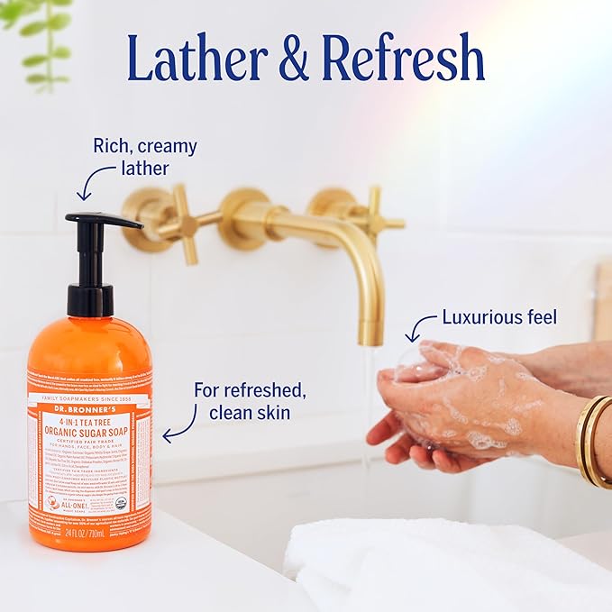 Dr. Bronner's - Organic Sugar Soap (Tea Tree, 24 Ounce) - Made with Organic Oils, Sugar and Shikakai Powder, 4-in-1 Uses: Hands, Body, Face and Hair, Cleanses, Moisturizes and Nourishes, Vegan