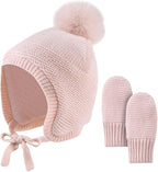 Basic Winter Baby Beanie Gloves Boys Girls Knitted Hat Pompom Kids Earflap Hats Warm Infant Toddler Beanie Mittens Set