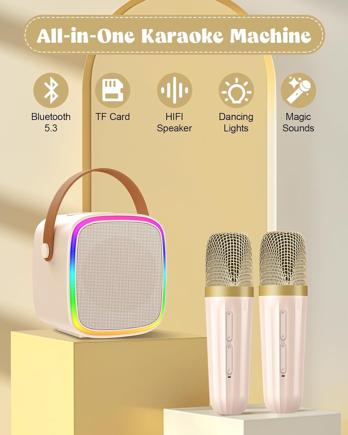 Mini Karaoke Machine with 2 Wireless Microphones, Kids Toys Portable Bluetooth Speaker for Kids Adults Toddler, Christmas Girls Toys for 4 5 6 7 8 9 10 12 Year Old Birthday Gift Ideas(Beige)