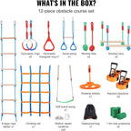 VEVOR Ninja Warrior Obstacle Course for Kids, 2 x 50 ft Weatherproof Slacklines, 500lbs Weight Capacity Monkey Line, Outdoor Playset Equipment, Backyard Toys Training Equipment Set with 12 Obstacles