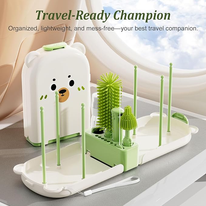 Travel Baby Bottle Cleaner Kit with Storage Case – 6-in-1 Compact Bottle Brush Set for Infant Feeding, Breast Pump Parts & On-The-Go Washing – Baby Travel Essentials for Flying (Green)