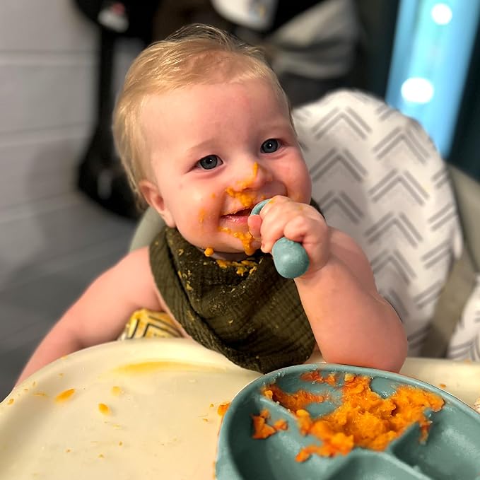 TalkTools ITSY Tiny Silicone Spoons – Twin Pack Soft Silicone Self-Feeding Training Spoons for Kids & Toddlers, Anti-Choking Flange Guard and Non-Slip Handle (Sage)