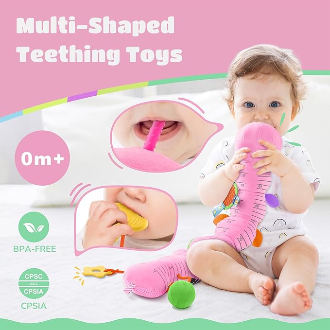 Baby Toys 6-12 Months Music Caterpillar Infant Toys Stuffed Animals 0-3-6 Months Teething Tummy Time Sensory Toys with Mirror Rattle&Pull String for Boys Girls Birthday Gifts|Candy Pink,Leafy