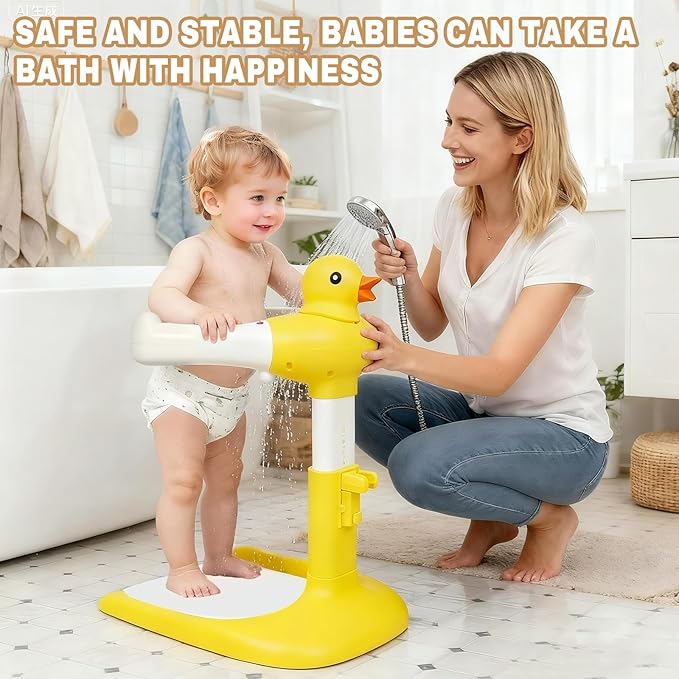 Baby Shower Stand Adjustable Toddler Shower Standing Support with Anti-Slip Base Infants Bath Support for 8-36 Months Portable Bath Helper (Duck)