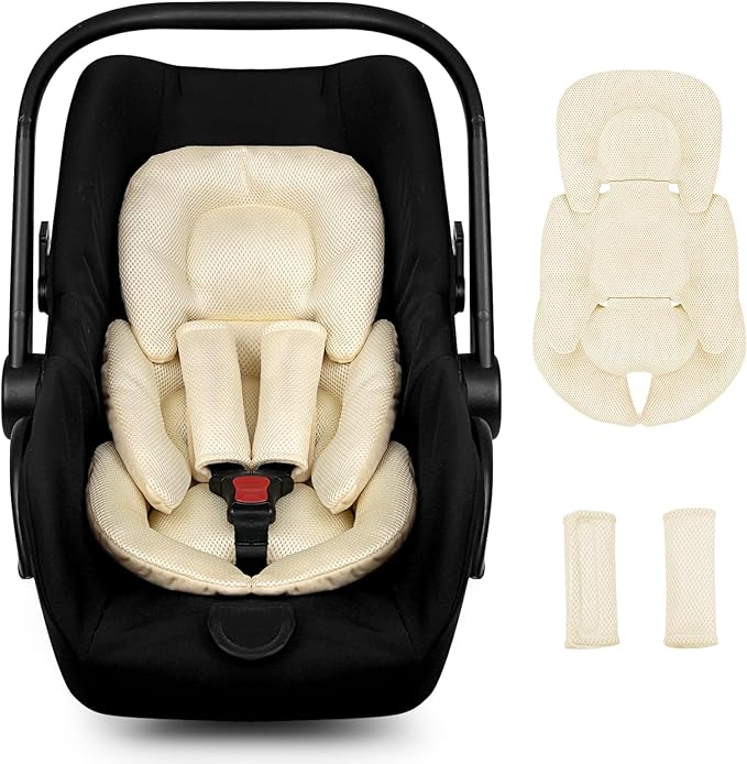 Infant Car Seat Insert for Newborn Girls Boys, Summer Mesh Baby Carseat Head Support with Strap Pads, Soft Reversible Baby Car Seat Insert Cushion Pad for Car Seat, Stroller, Bouncer, Swing, Beige