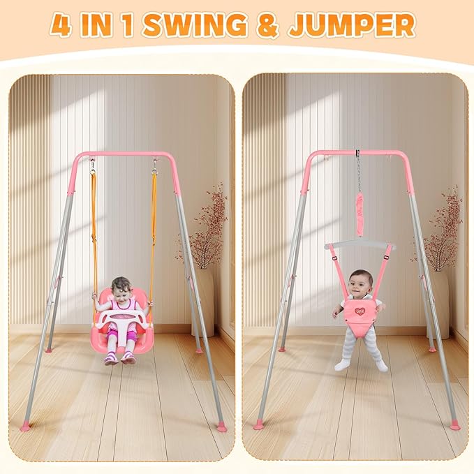4-in-1 Toddler Swing Set & Baby Jumper and Bouncer for Toddlers, Foldable Baby Swing Stand for Outdoor Indoor Play, Easy to Assemble and Store for Ages 6 Months to 10 Years Old(Pink)