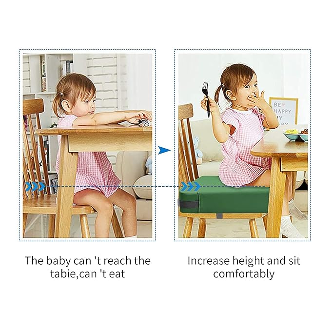 Toddler Booster Seat for Dining Table, PU Washable Double Safe Straps Non-Slip Bottom Booster Seat Dining Toddler, Portable Travel Increasing Cushion (Dark Green)