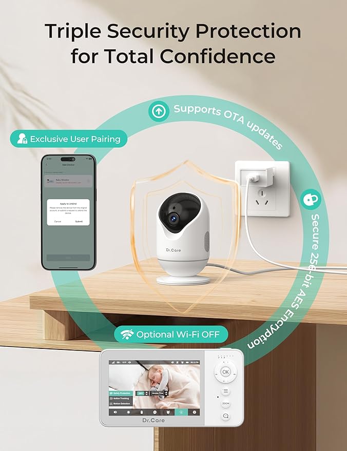 Dr.Care VistaView Lite RB Smart WiFi Baby Monitor - 4” 720P Split Screen & 1080P Camera App Control, Motion Alerts, 2500mAh Removable Battery, HD Night Vision, 2-Way Talk, Multi-User, Triple Security