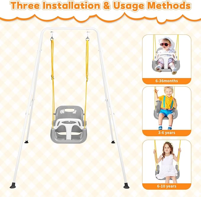 4-in-1 Toddler Swing Set & Baby Jumper and Bouncer for Toddlers, Foldable Baby Swing Stand for Outdoor Indoor Play, Easy to Assemble and Store for Ages 6 Months to 10 Years Old (White)
