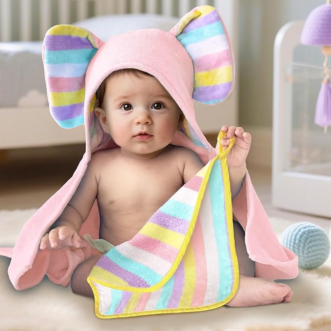 VOOVA & MOVAS Thick Baby Hooded Bath Towel - 100% Cotton,500GSM, 33x31.5 Inches,0-2Years,Super Absorbent Large Towel with Cute Elephant Ears Hood for Newborn, Baby, Infant, Pink