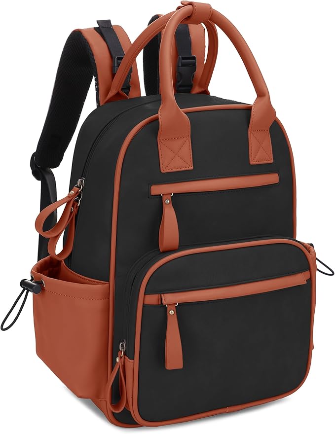 JESSIE & JAMES Saturday EDC Diaper Bag Backpack Multi Function Diaper Bag with Changing Pad & Stroller Straps_Black/Brown