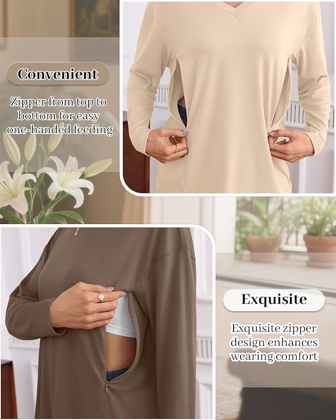 3 Pack Women's Oversize Nursing Shirts for Breastfeeding with Hidden Zippers Loose Fit Long Sleeve Maternity Tops
