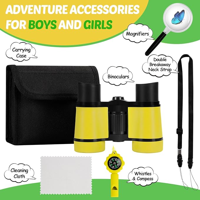 Binoculars for Kids, Kids Binoculars Toys for 3 4 5 6 7 8 Years Boys and Girls, Set with Magnifying Glass & Compass - Birthday Gifts Outdoor Toy for Kid Ages 3-8 Toddler Camping (Yellow)