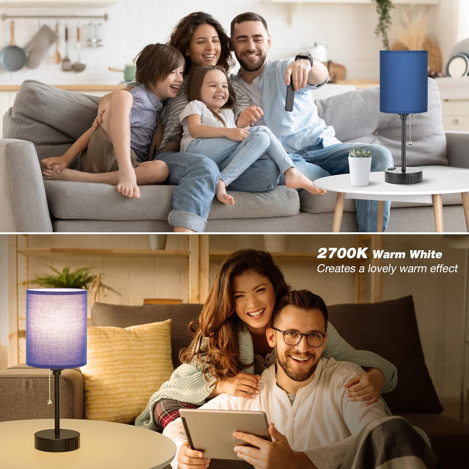 Blue Table Lamps 3 Color Temperatures - 2700K 3500K 5000K Bedside Lamps with USB C and A Ports, Pull Chain Lamps for Bedrooms with AC Outlet, Nightstand Lamps with Black Metal Base for Kids Boys