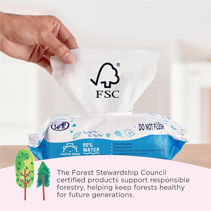 Amazon Brand - Mama Bear 99% Water Based Baby Wipes, Hypoallergenic for Sensitive Skin, Fragrance Free, 432 Count (6 Packs of 72)