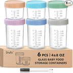DRKIO 6 Pack Glass Baby Food Storage Containers - 4 & 8 oz Baby Food Jars with Lids Baby Food Maker Microwave Dishwasher Freezer Safe 100% Leak Proof BPA Free Reusable