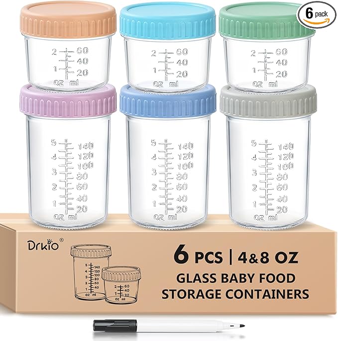DRKIO 6 Pack Glass Baby Food Storage Containers - 4 & 8 oz Baby Food Jars with Lids Baby Food Maker Microwave Dishwasher Freezer Safe 100% Leak Proof BPA Free Reusable