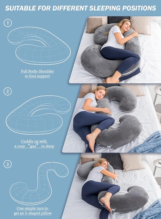 INSEN Pregnancy Pillow,Maternity Body Pillow with Velvet Cover,C Shaped Body Pillow for Sleeping (Grey)