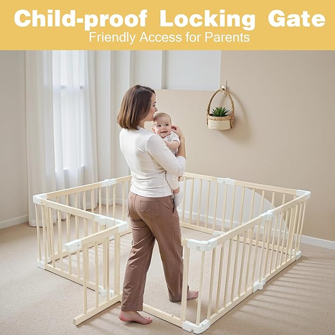 Foldable Wooden Playpen for Babies and Toddlers, Baby Play Pen with Gate, Portable Baby Fence Indoor Activity Center, Adjustable Size & Shape, 51"x 51", 8 Panels