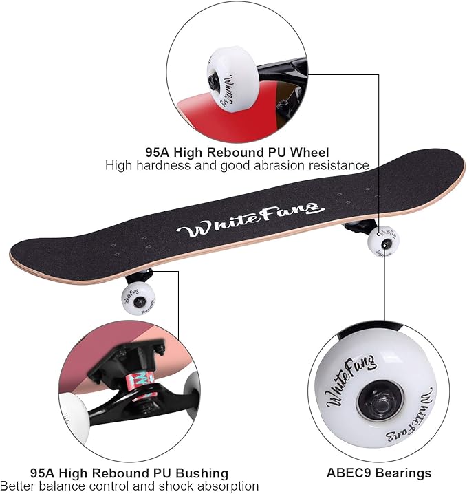 WhiteFang Skateboards for Beginners, Complete Skateboard 31 x 7.88, 7 Layer Canadian Maple Double Kick Concave Standard and Tricks Skateboards for Kids and Beginners