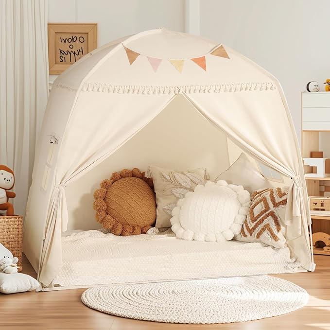 Sumbababy Large Teepee Tent for Kids: with Star Lights & Flags - Tent for Kids Indoor Toddler Teepee for Boys & Girls - Toddler Playhouse Inside Canopy Bed for Playroom Gift Toys (Cream)