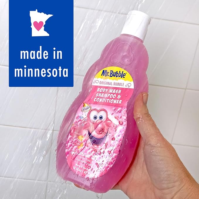 Mr. Bubble Kids Original 3in1 Shampoo, Conditioner, Body Wash – Hypoallergenic, Tear Free Bubble Gum Scented, Creates Big Bubbles In The Tub And Shower (Pack Of 2 Bottles, 16 fl oz Each)