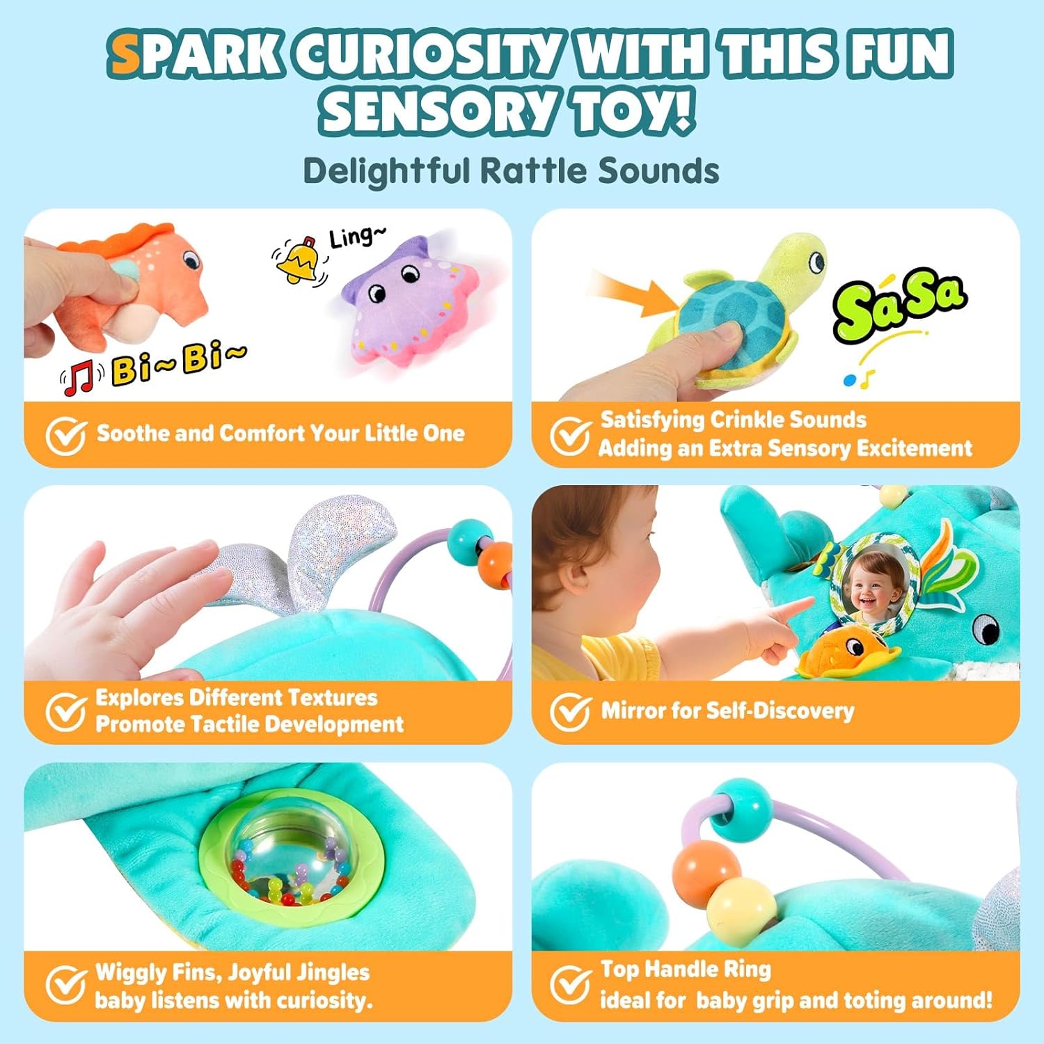 Baby Toys 6-12 Months - Soft Ocean Adventure Toy with Rattle, Crinkle Paper, Squeaker, Mirror - Baby Sensory Toys for 6+ Month Old Developmental, Montessori Toys for 1 Year Old Boy Girl Gifts