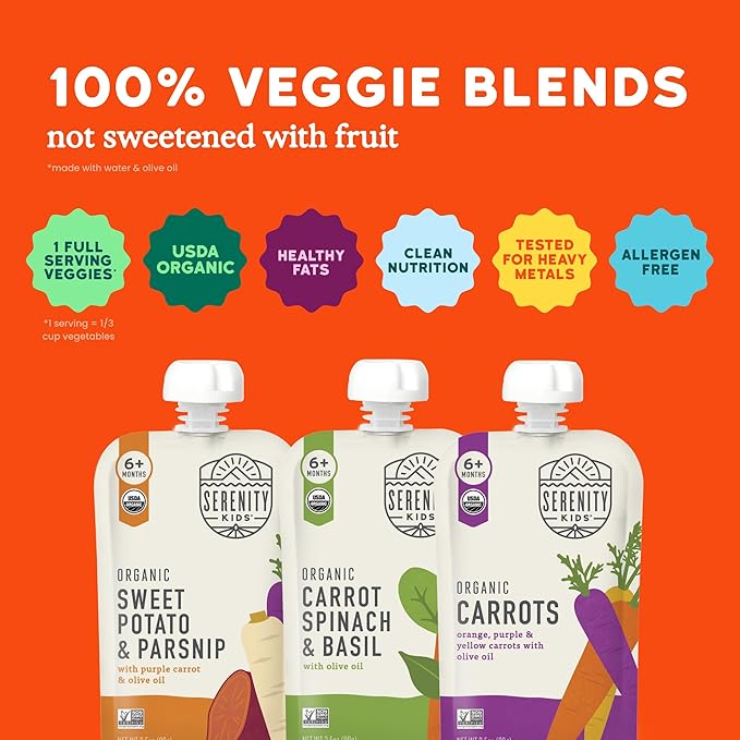 Serenity Kids 6+ Months Certified Organic Baby Food Pouches Veggie Puree - No Sugary Fruits/Added Sugar - 3.5 Oz BPA & Allergen-Free Packaging - Garden Variety Pack - 6 Count Veggie Puree Pouches