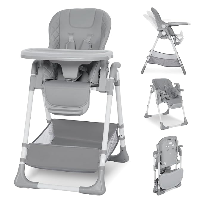 Kinder King Convertible Baby High Chair, Adjustable Feeding Chair for Babies and Toddlers with Removable Double Tray, Simple Compact Fold for Space-Saving, 2 Built-in Wheels, Easy to Clean, Gray