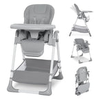 Kinder King Convertible Baby High Chair, Adjustable Feeding Chair for Babies and Toddlers with Removable Double Tray, Simple Compact Fold for Space-Saving, 2 Built-in Wheels, Easy to Clean, Gray
