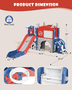 YUFU 12 in 1 Kids Slide for Toddlers, Toddler Slide Playset with Golf, Drawing Board, Climber, Basketball Hoop and Storage Space, Indoor Outdoor Toddler Playground for Kids Age 1-3 (Blue Red)