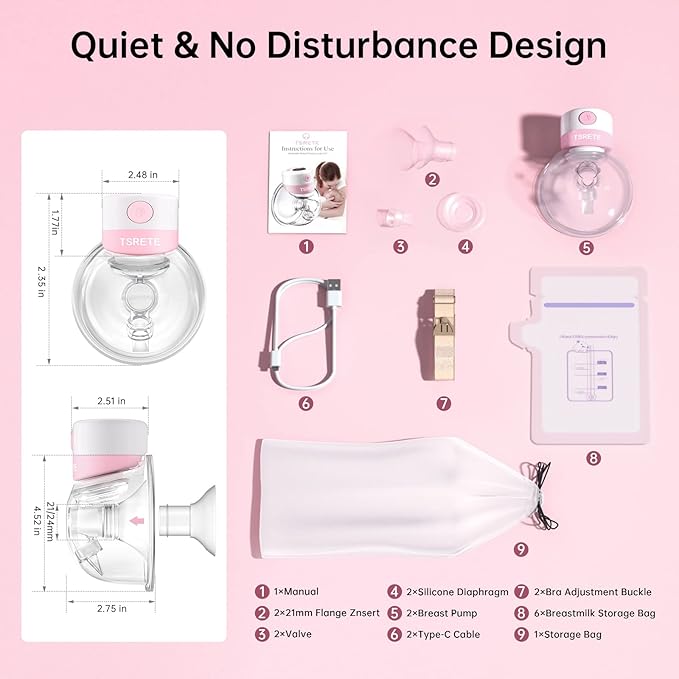 TSRETE Breast Pump, Double Wearable Breast Pump, Electric Hands-Free Breast Pumps with 2 Modes, 9 Levels, LCD Display, Memory Function Rechargeable Double Milk Extractor-21/24mm Flange, Pink