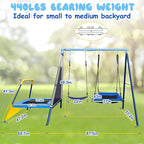 440lbs Kids Swing Set, 3-in-1 Outdoor Playground with Platform Swing, Belt Seat & 4ft Trampoline, Heavy Duty A-Frame Metal Stand & Safety Stakes, Backyard Playset for Toddlers 3-8 Years Old