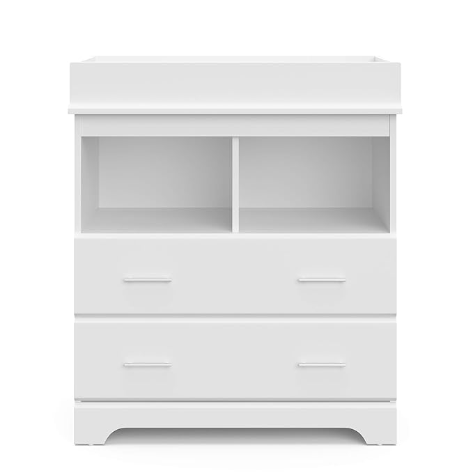 Storkcraft Brookside 2 Drawer Changing Table Dresser (White) – GREENGUARD Gold Certified, Easy-to-Match Chest of Drawers and Cubbies for Nursery and Kids Bedroom, Includes Changing Table Topper