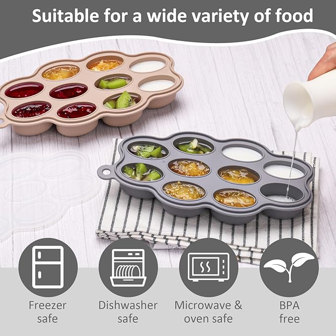 Silicone Baby Food Freezer Tray 2Pack Perfect Food Storage Containers for Homemade Baby Food, Fruit Purees, Breastmilk, Vegetable (Grey + Tan)