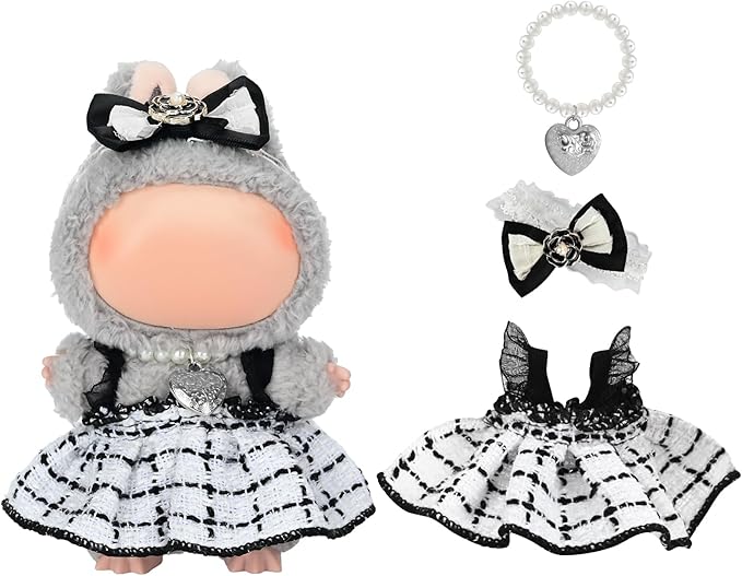 ‌Elegant White-and-Black Dress for 15cm/17cm Dolls - Strap Gown with Heart Pearl Necklace & Bow Headband/Fashion Doll Clothes Set, Accessories for Girl Doll/Perfect for Collectors, Gifts